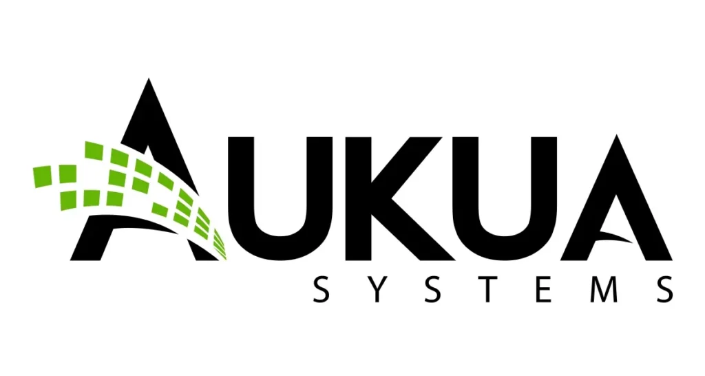 Logo Aukua Systems con scritta nera e motivo verde a griglia