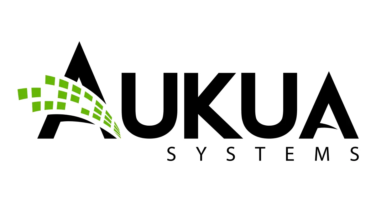 Logo Aukua Systems con scritta nera e motivo verde a griglia