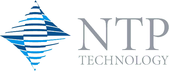 Logo NTP Technology con simbolo astratto blu e verde e scritta grigia