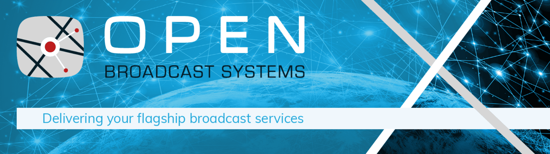 Banner blu di Open Broadcast Systems con logo, rete digitale e slogan sui servizi broadcast