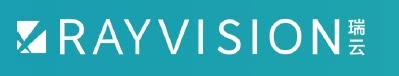 Logo RAYVISION bianco su sfondo turchese con simbolo geometrico e caratteri cinesi