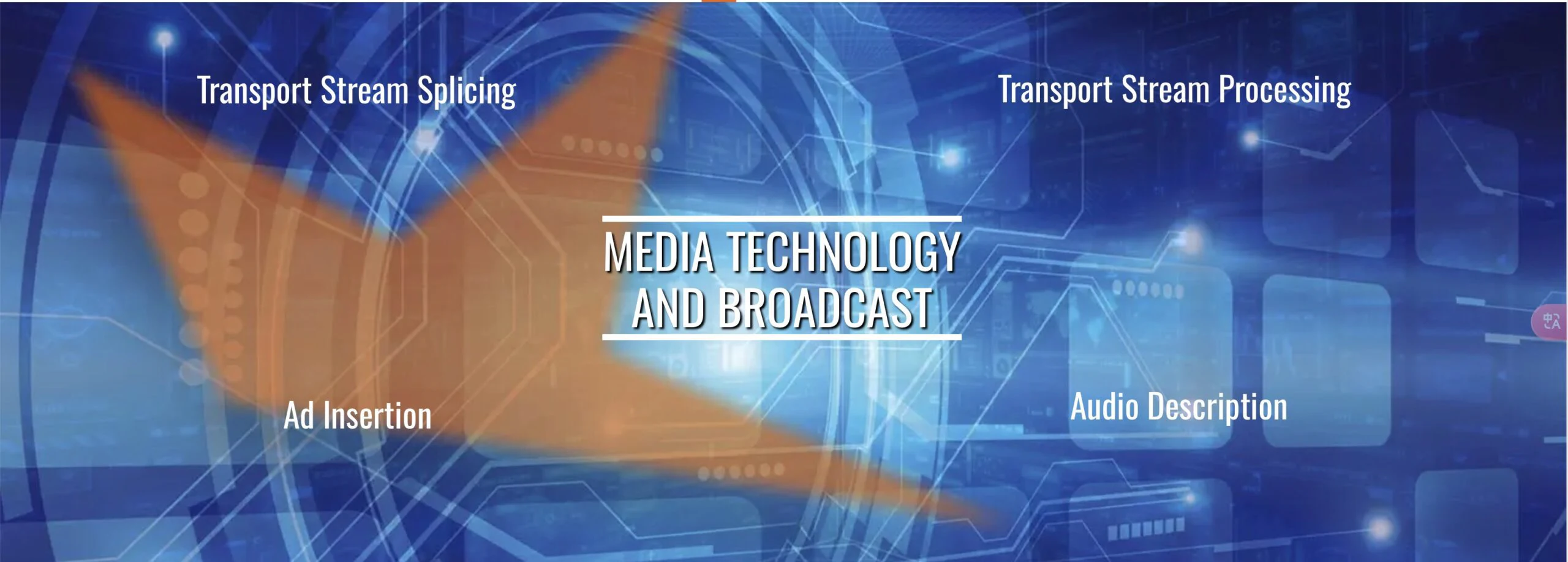 Grafica blu sulla tecnologia multimediale e la radiodiffusione, con circuiti e testi su inserimento pubblicitario e audiodescrizione