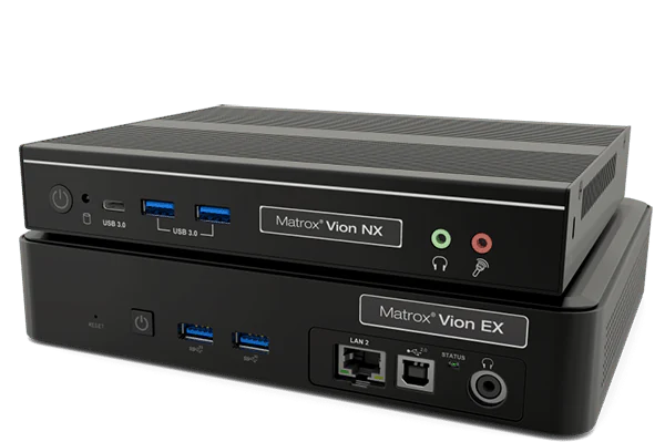 Two Matrox Vion devices stacked with ports and indicators visible at a right angle.